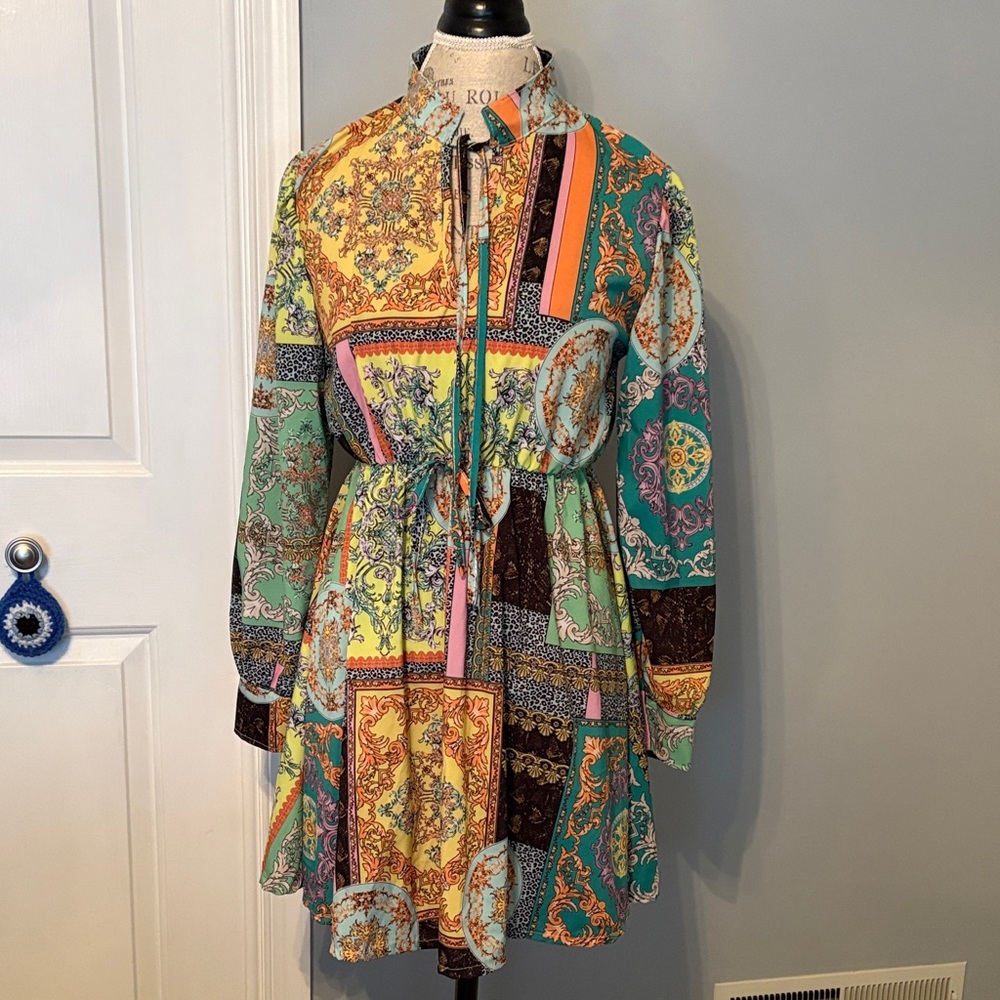 Multicolor Patchwork Print Long-Sleeve Drawstring… - image 1